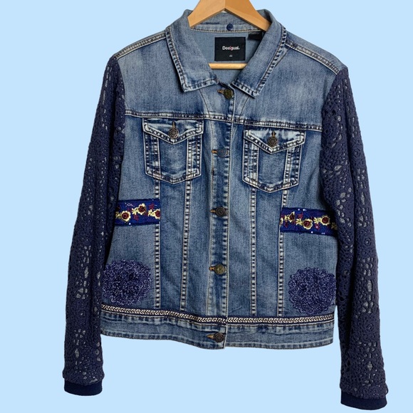 Desigual Jackets & Blazers - Desigual Womens Exotic Jeans Denim Jacket Size 44 Blue Embroidered Crochet